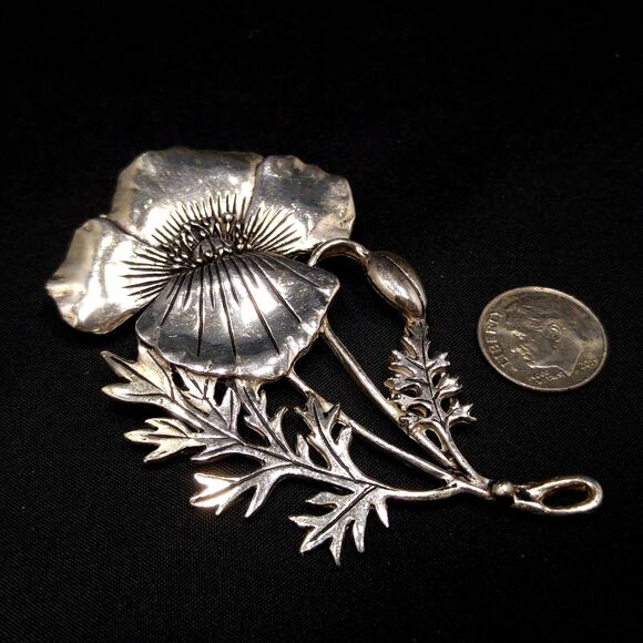 Vintage Signed Silver Plated Flower Brooch & Pendant, Large Floral Pin - Picture 2 of 10